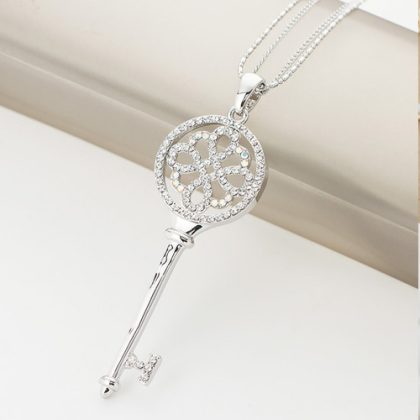 Long Key Silver Plated Crystal Necklace