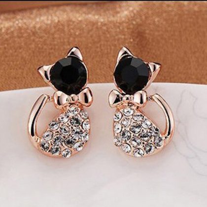 Gold Plated Rhinestone Black Cat Cute Stud Earrings