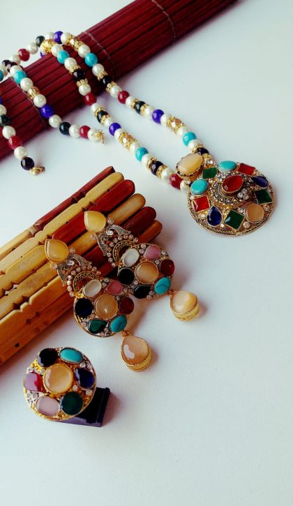 GP Semi precious Stones Egyptian Pendant Set with Mala - Image 2