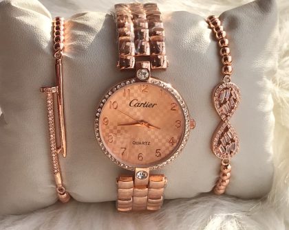 Cartier Watch with 2 Steel Beads Fancy Stones Bracelet Set For Ladies with Box and Brand Bag